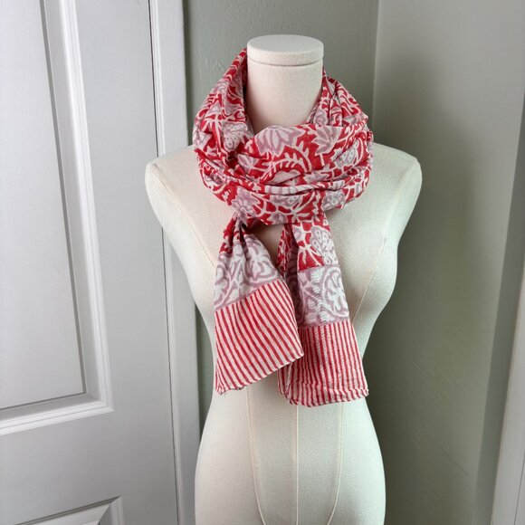 Coral Red Floral Cotton Scarf – Lightweight Long Shawl Wrap 72"x20" - Picture 4 of 4